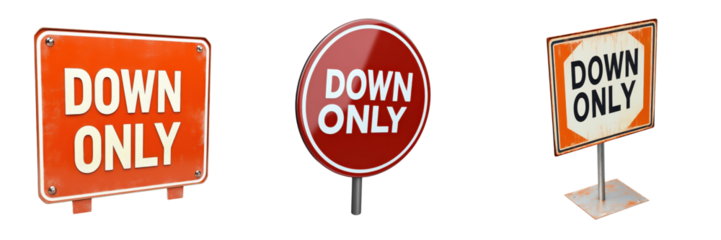 Set of three 'Down Only' road signs isolated on white background, featuring red, orange, and white colors for traffic direction guidance.