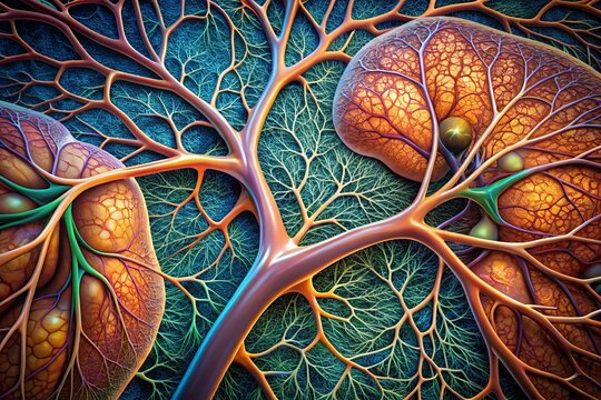 "Intricate patterns of liver lobules and hepatic sinusoids, with branching bile ducts and supplying arteries, set against a subtle background of connective tissue."