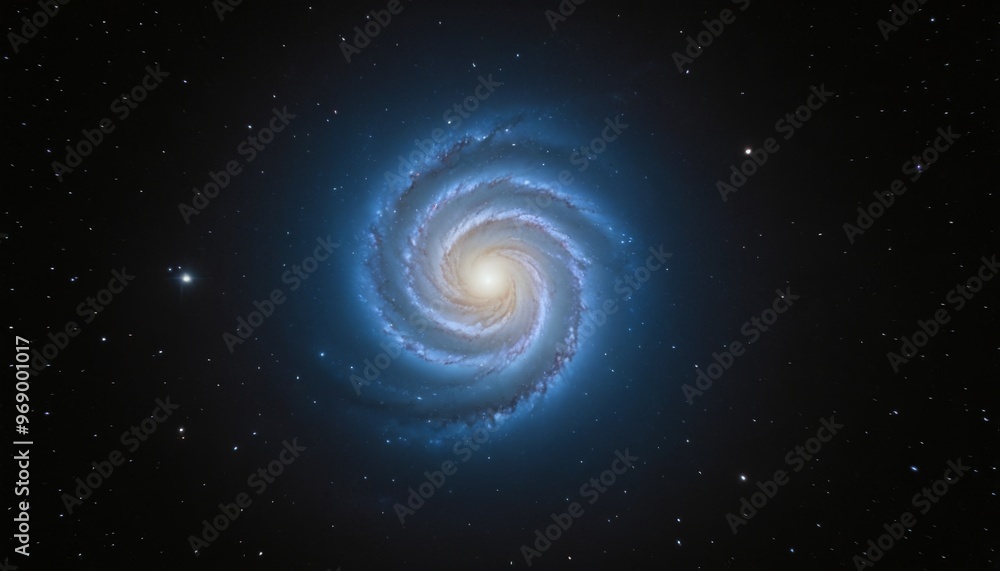 Poster a captivating view of a spiral galaxy with a glowing core, set against the vastness of deep space. t