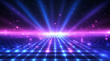 Obraz premium A vibrant digital landscape featuring beams of light in blue and pink hues, set against a starry cosmic background.