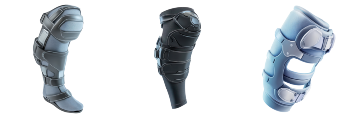 Three advanced knee braces with varying designs and colors for orthopedic support and injury recovery.