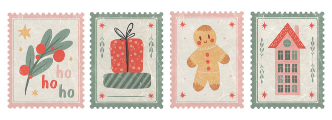 Set of Retro Christmas Postage Stamp with Gingerbread Man, Gifts, Holly Berries, cozy House. Old...