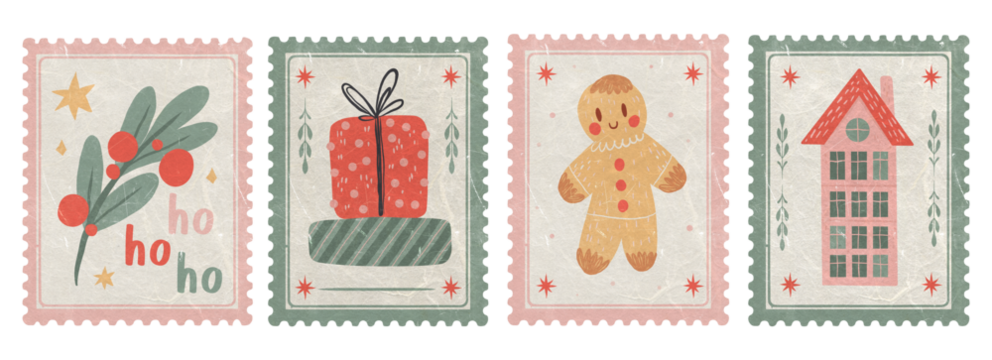 Set of Retro Christmas Postage Stamp with Gingerbread Man, Gifts, Holly Berries, cozy House. Old Textured Holiday Isolated elements for planner, scrapbooking aesthetic collages - Powered by Adobe