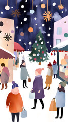 Cartoon Christmas market with festive stalls and twinkling lights. Christmas night fair watercolor illustration