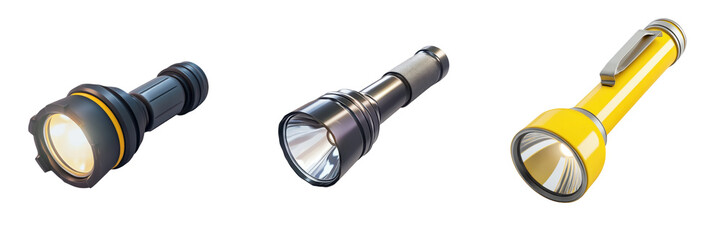 Three different styles of flashlights isolated on a white background. Perfect for illustrating camping, emergency, or lighting concepts.