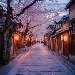 Obraz premium Cherry Blossom Pathway in a Beautiful Landscape Garden