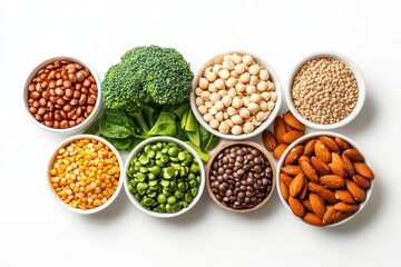 Obraz premium Colorful assortment of healthy foods including nuts, legumes, and greens arranged in bowls on a white background with isolated on white background