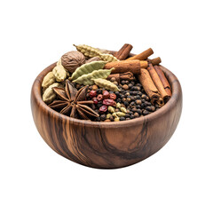 Handcrafted Wooden Bowl Overflowing with Cardamom, Cumin Powder, and CinnamonIdeal for Transparent Background Designs for Product Banners and Covers