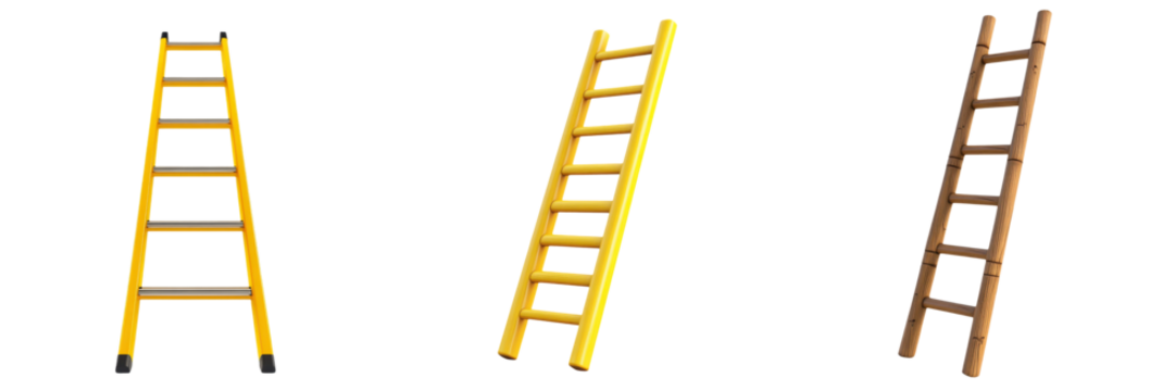 Three ladders of different colors and materials, aligned vertically, ideal for construction or home improvement projects.
