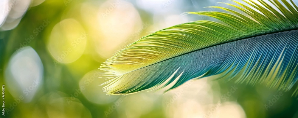 Poster close-up of a tropical palm leaf with sunlight and bokeh effect, nature tranquility concept