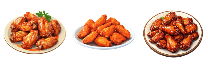 Three plates of delicious chicken wings with various seasoning, perfect for parties or casual get-togethers. A tempting snack for food lovers.