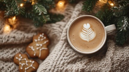 Cozy winter, cup of coffee, spruce branches, christmas gingerbread, soft blanket and garlands. Generative AI