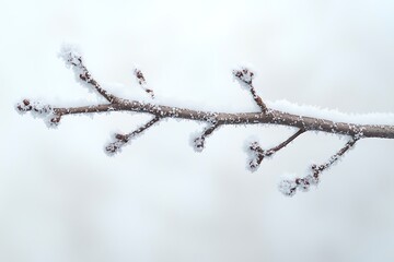 Obraz premium A snow-dusted tree branch against a minimalist white background.
