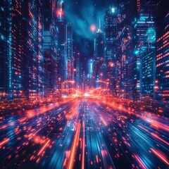 Abstract vibrant city skyline with dynamic lights and energy