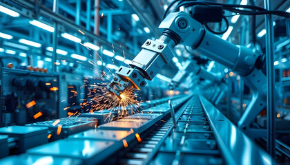 Industrial Robot Arm Welding Metal on Assembly Line