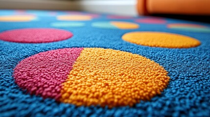Fototapeta premium Colorful Polka Dot Pattern on Blue Carpet Textile Close-up