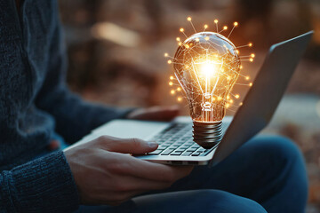 Creative concept light bulb explodes with colorful  colors on a light blue background. Think different, creative idea. Productivity and creativity