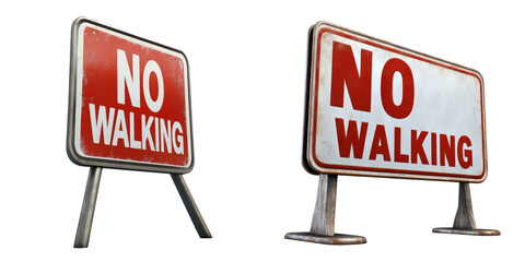 Two red and white no walking signs, isolated on a white background, indicating restricted pedestrian access or safety warning