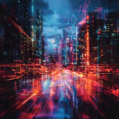 Abstract vibrant city skyline with dynamic lights and energy