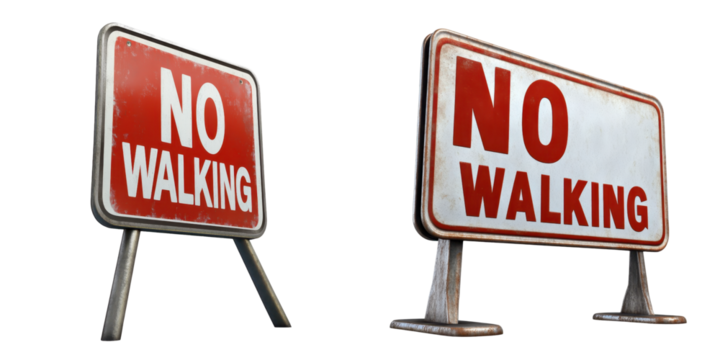 Two red and white no walking signs, isolated on a white background, indicating restricted pedestrian access or safety warning