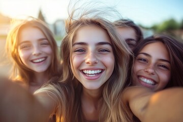 Group of smiling girls take funny selfies outdoors