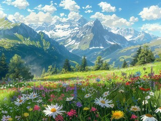 Serene alpine meadow, wildflowers, mountain backdrop, bird's-eye view, midday sun, anime style, picturesque tranquility,