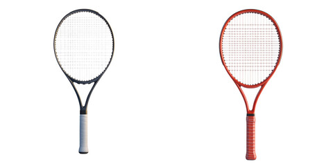 Two tennis rackets isolated on a white background, showcasing different designs and colors. Ideal for sports equipment or fitness images.