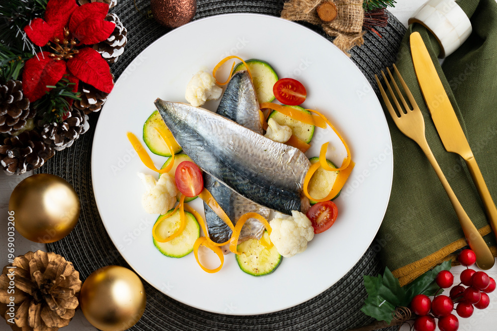 Wall mural baked mackerel with delicious and healthy vegetables. top view table with christmas decorations.