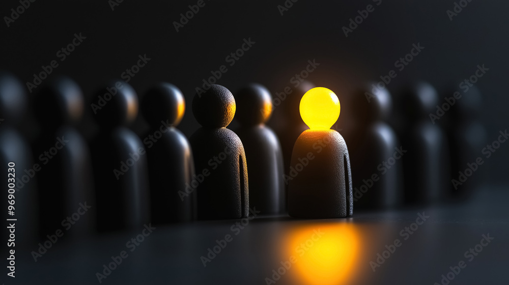 Wall mural a single glowing yellow wooden figure stands out from the crowd of black figures, symbolizing indivi