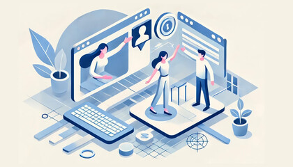 Fototapeta premium ITコミュニケーション ビジネスコンセプト パソコンと人々のイラスト