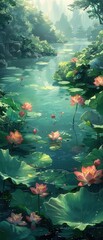 Tranquil lotus pond, blooming flowers, serene water, bird's-eye view, soft light, anime style, peaceful reflection,