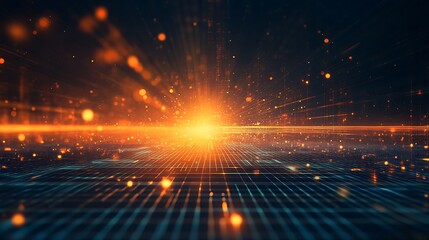 Fototapeta premium A vibrant digital landscape with glowing particles and rays of light creating a futuristic atmosphere at sunrise.