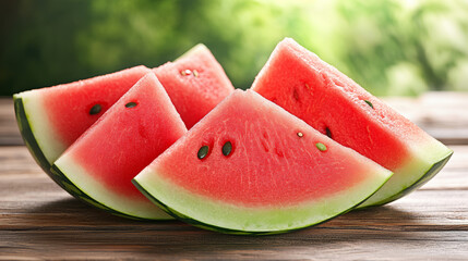Juicy watermelon slices on wooden table glistening with freshness, perfect for summer treat. vibrant red flesh and green rind create delightful contrast