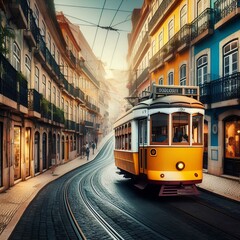 Naklejka premium Bright yellow vintage tram on a narrow street in Lisbon, enclosed by colorful buildings and cobblestones.