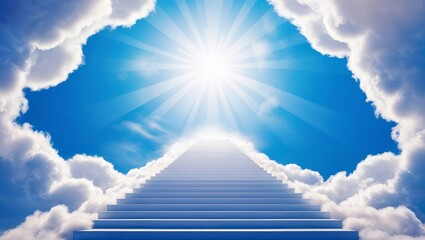 stairway to heaven, spiritual journey to heaven, a heavenly light glowing in the end of the stairs.