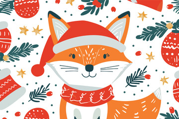 Christmas Card Design with Cute Fox in Vector Seamless Pattern