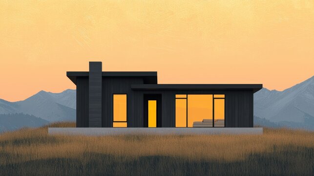 Modern Mountain Cabin Blueprint on Gold Leaf Background with 3D Model