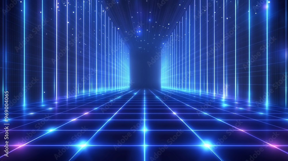 Poster a vibrant futuristic corridor illuminated by glowing neon lights, creating a sense of depth and move