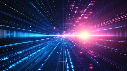 Obraz premium A vibrant explosion of light and color, depicting dynamic energy and motion through a futuristic digital space.