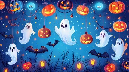 A Halloween themed poster with a variety of spooky creatures and pumpkins