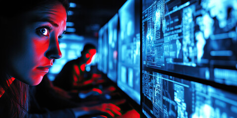 Obraz premium FBI's Cybercrime Defense: A team of experts, eyes glued to monitors, working to thwart a global hacking attack.