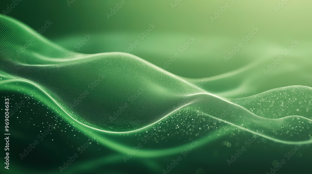 Poster a green particle wave smoothly flowing across a gradient green background
