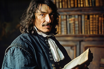 Rene Descartes, French philosopher, mathematician, author of the coordinate system, Cartesian dualism. A man in a camisole in the library.