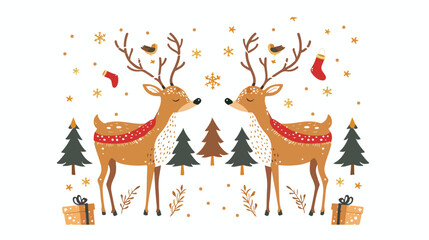Christmas Reindeer Card Flat Vector Isolated on White Background