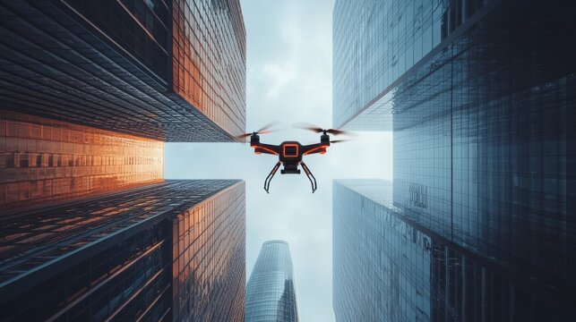 Autonomous AI-guided drones cleaning skyscrapers and urban buildings: High-tech drones cleaning windows and facades of skyscrapers, managed by AI for efficiency.