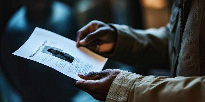 Search for the Missing Child: FBI investigators, hands trembling with urgency, reviewing a missing person's flyer.