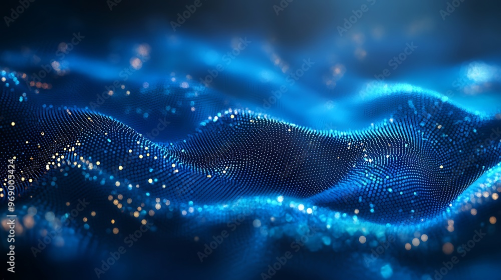 Poster abstract blue wave texture with glowing particles, creating a soothing and serene visual effect.