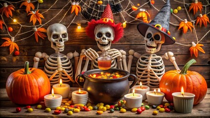 Spooky skeletons sipping punch from cauldron-shaped mugs, surrounded by candy corn, plastic spiders, and a "Brew-tiful" sign in a playful, whimsical Halloween setting.