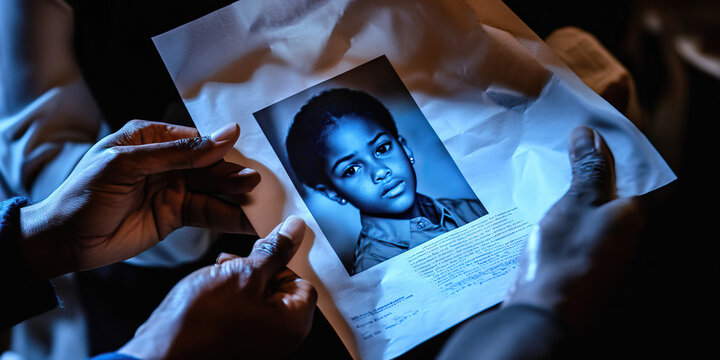 Search for the Missing Child: FBI investigators, hands trembling with urgency, reviewing a missing person's flyer.