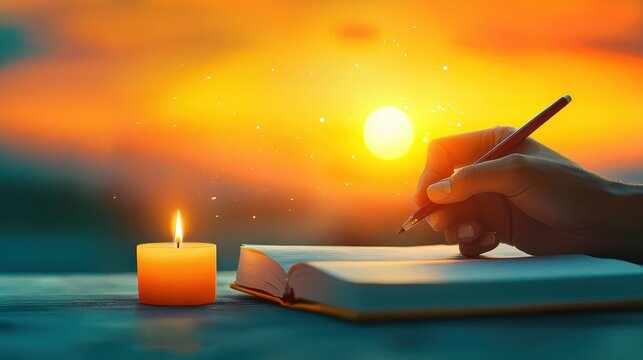 Tranquil Watercolor Scene of Person Journaling by Candlelight, Signifying Self-Reflection and Emotional Healing with Copy Space for Text